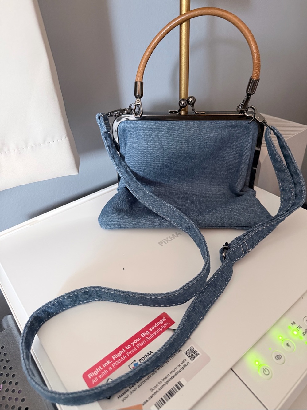 Denim Crossbody Frame Bag with Tan Top Handle